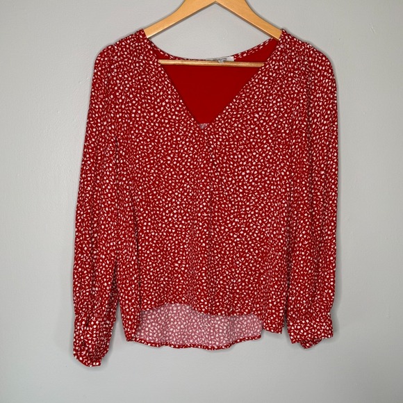Madewell Tops - Madewell Red White Ditsy Floral Faux Wrap Blouse M Long Sleeve VNeck Button Cuff